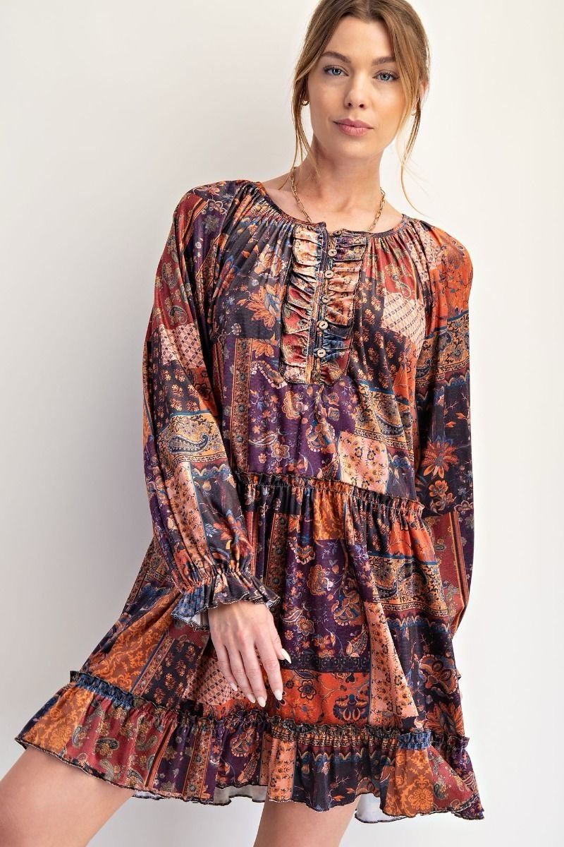 Easel Long Sleeve Patch Printed Velvet Dress, Color: Khaki Coral, Size: 1x