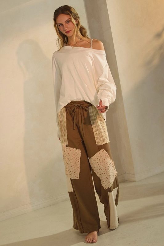 ODDI Patchwork wide-leg pant w/Floral panels