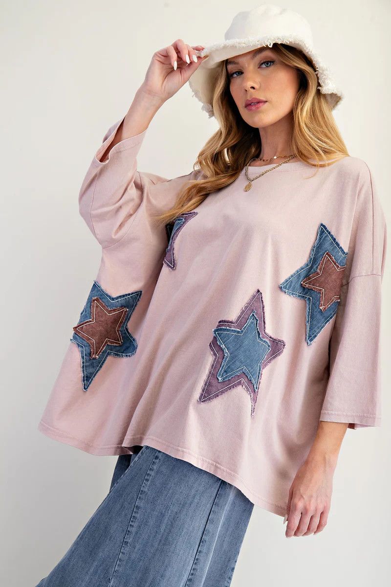 Easel Short Sleeve Star Shirt, Color: Dusty Rose, Size: S