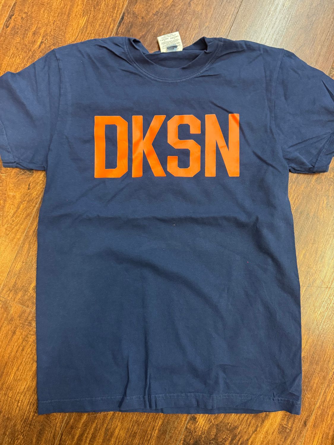 DKSN tee shirts, Color: Blue with Orange letters, Size: S