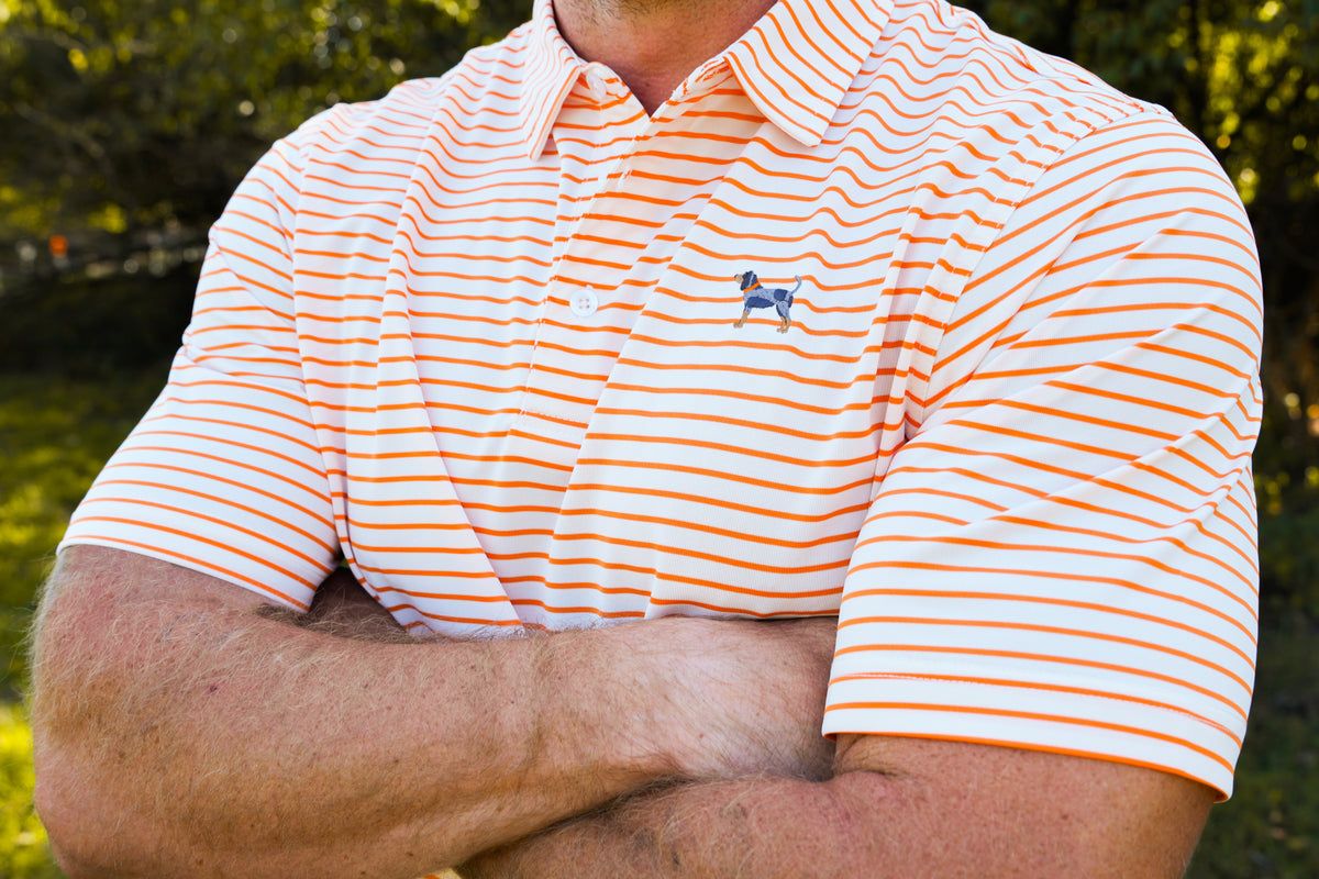 Volunteer Traditions Bluetick Reese Stripe Polo Cream/Orange , Size: S