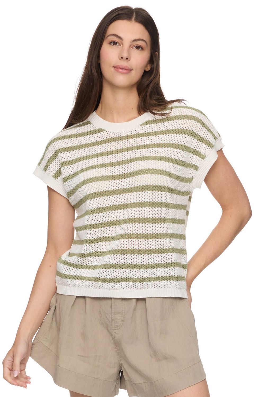 Flag &amp; Anthem Short Sleeve Stripe Sweater , Color: Sage Combo, Size: XS