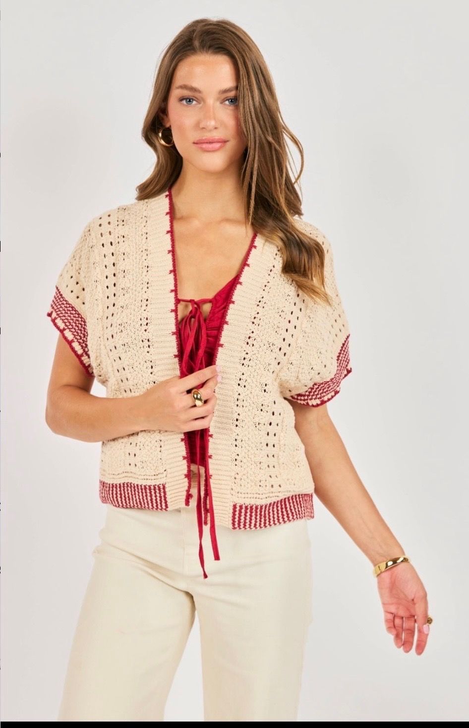 Sadie &amp; Sage Sweater Cardigan , Color: Red/Cream, Size: XS