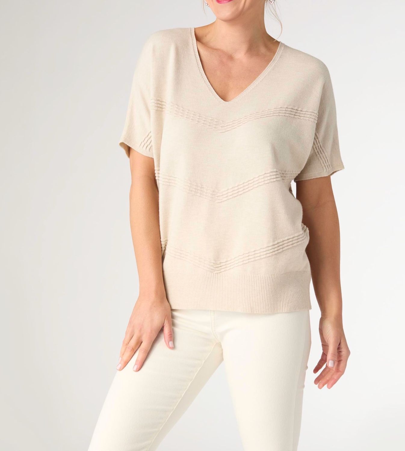 Coco + Carmen Short Sleeve V Neck Sweater , Color: Natural, Size: XS