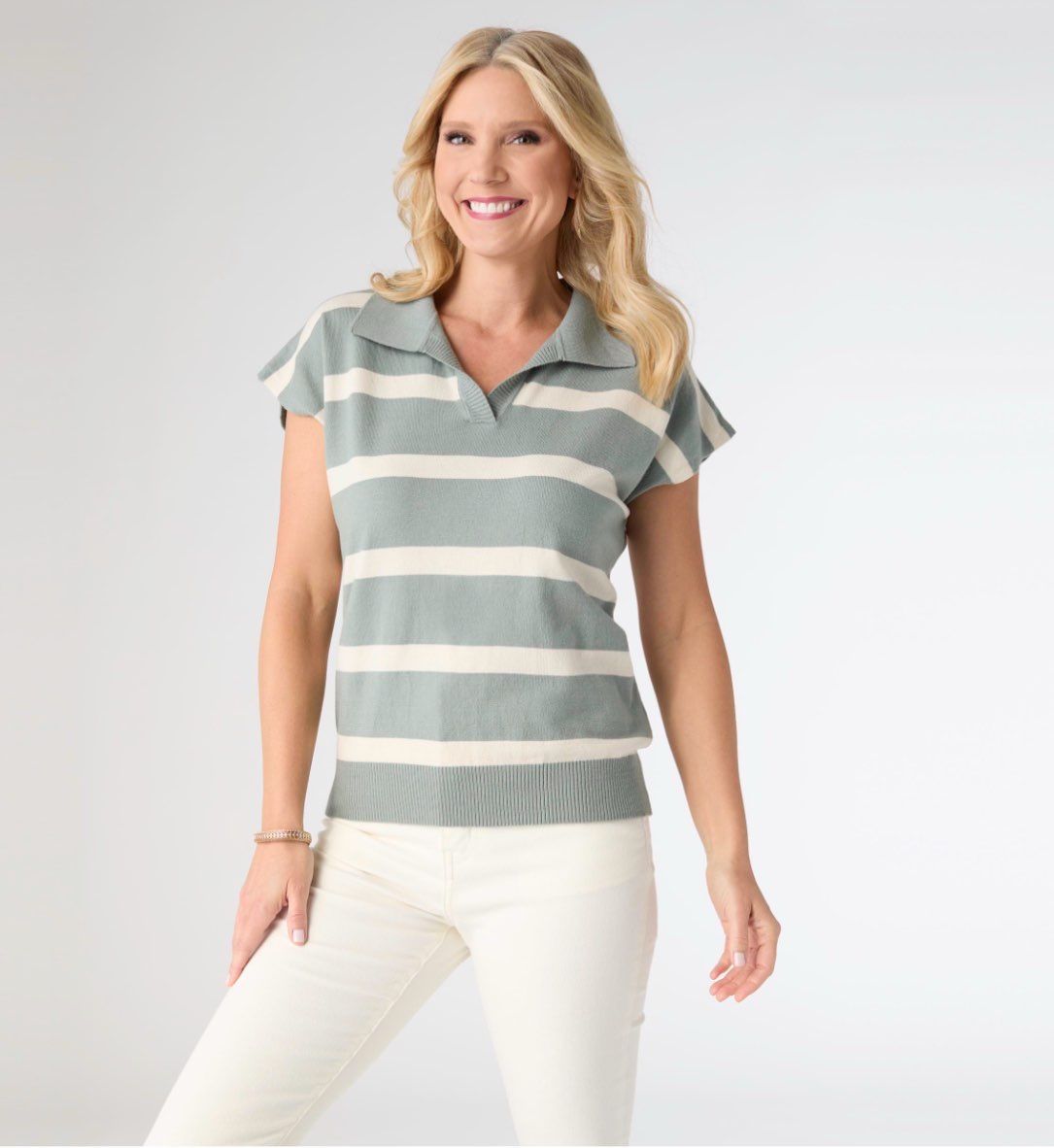 Coco + Carmen Striped Short Sleeve Sweater, Color: Sage/White, Size: XS