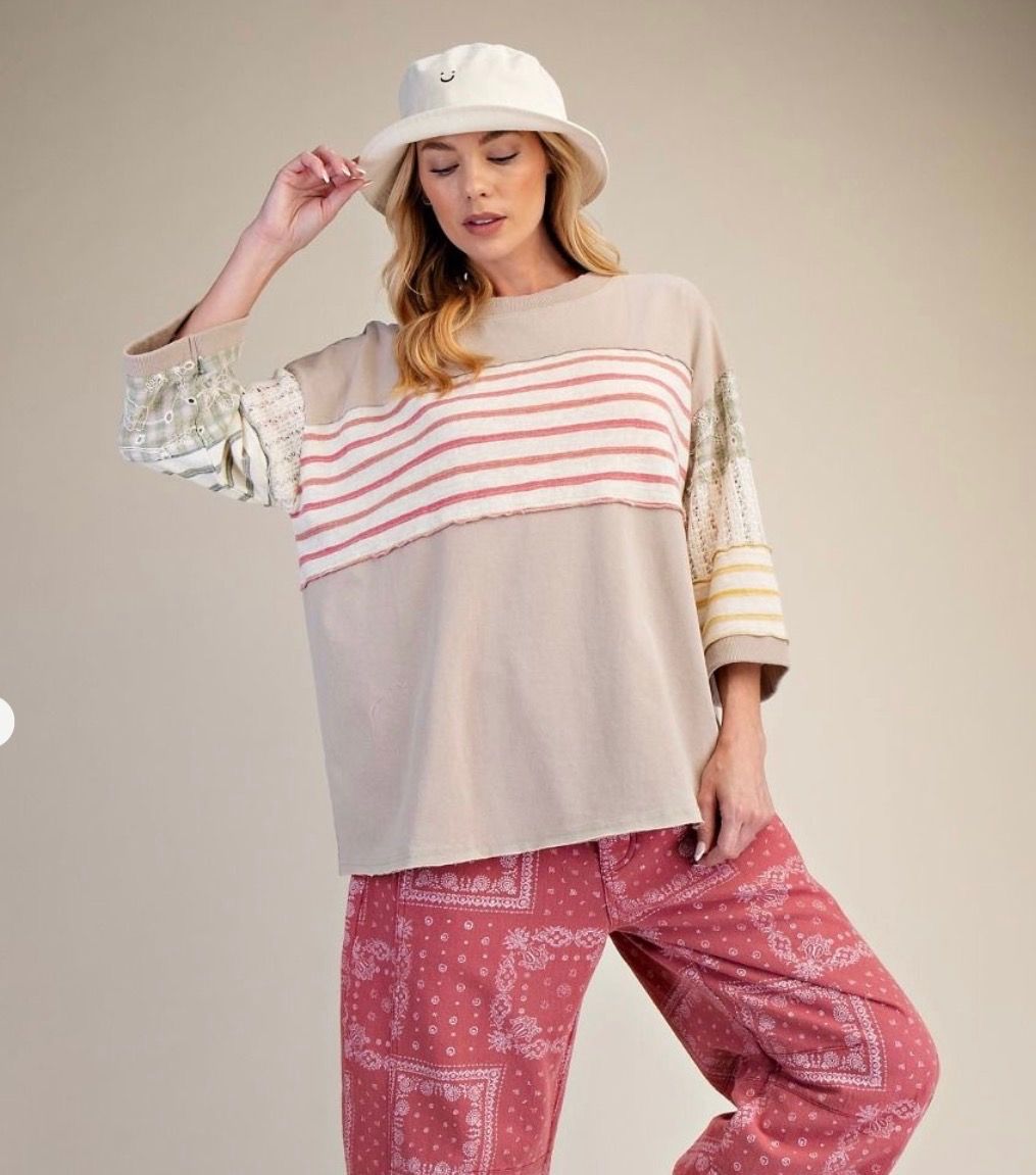 Easel 3/4 Sleeve Mix Print Top, Size: 1X