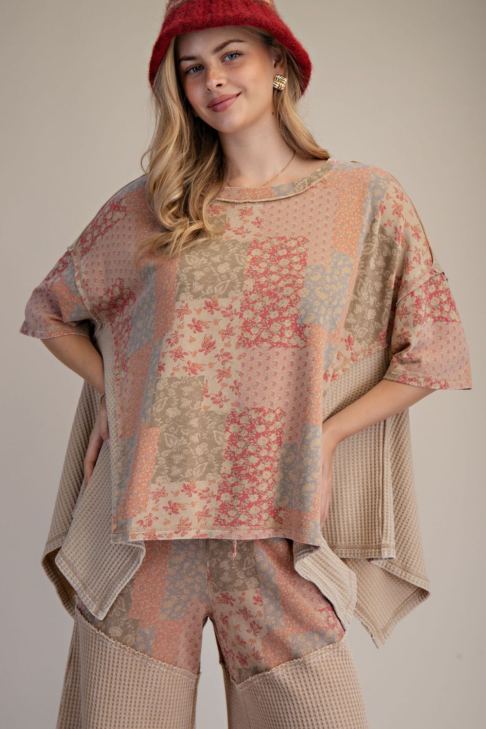 Easel Short Sleeve Patchwork Top , Size: 1X
