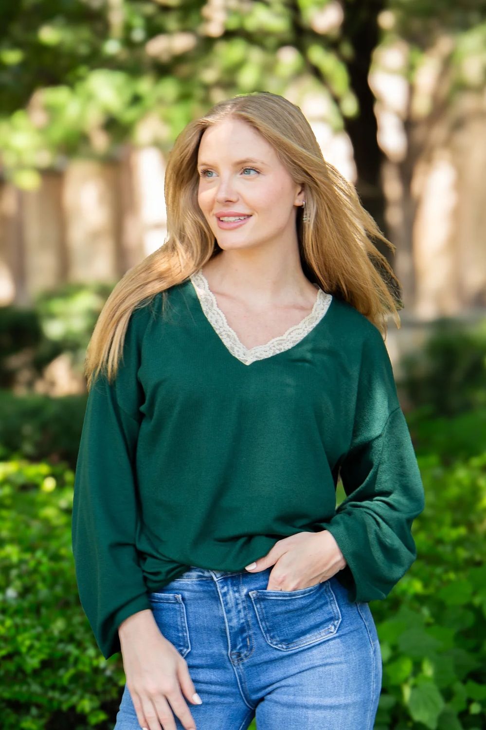 Grace + Emma V Neck with Lace Trim Top, Color: Forest Green, Size: XS