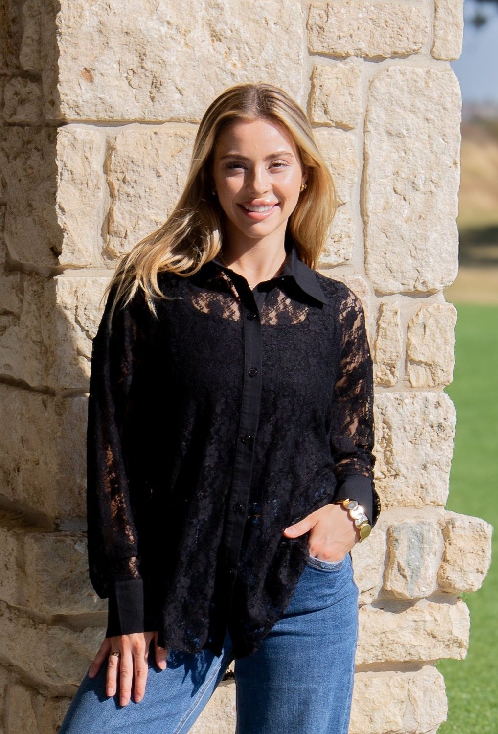Grace+Emma Kathryn Button Up , Color: Black Lace, Size: XS