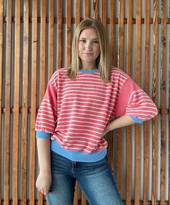 Tres Bien Pink Berry Blue Knit Colored Edges Top
