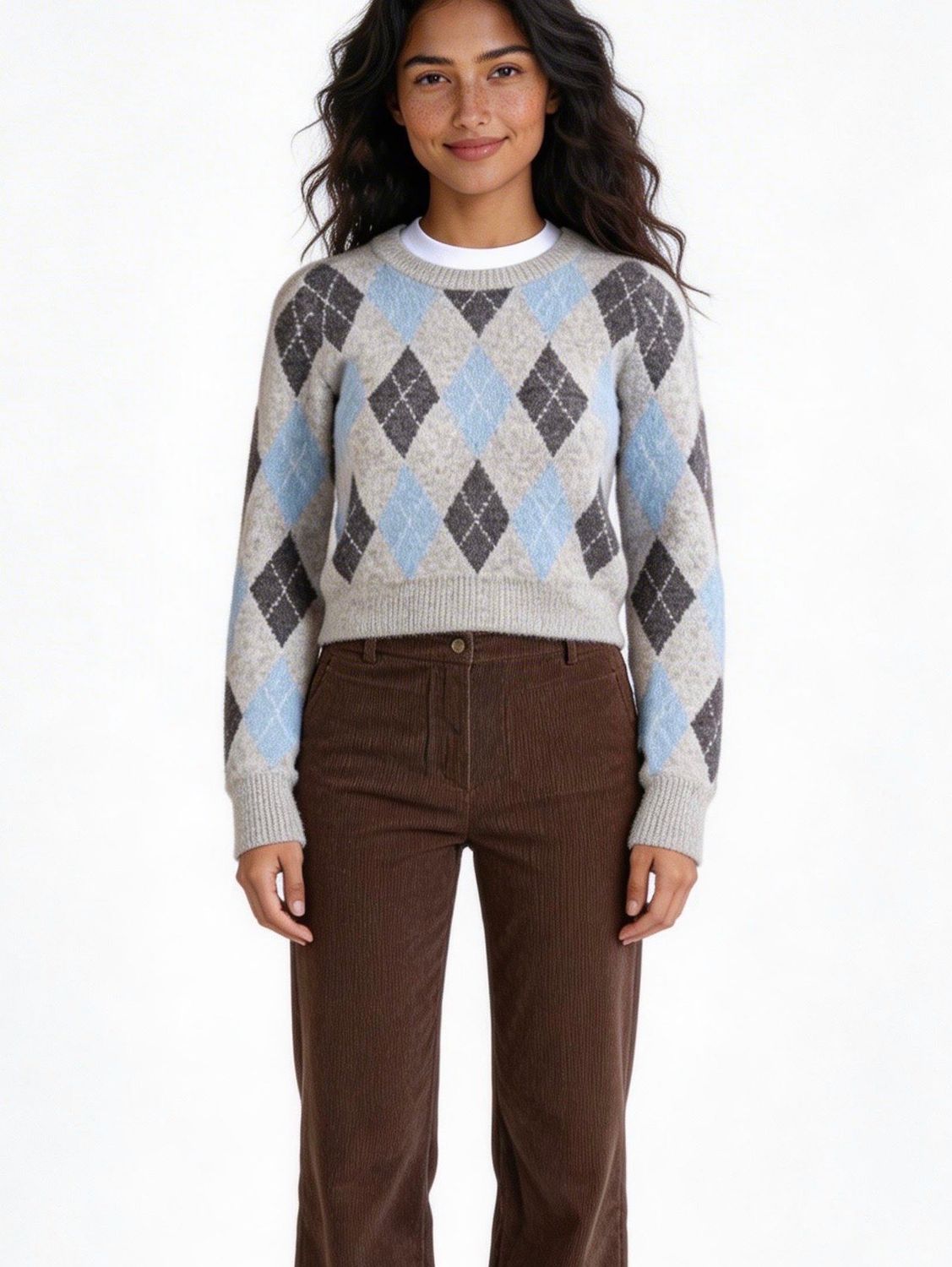 Sadie &amp; Sage Blue Fog Argyle Sweater , Color: Grey Multi, Size: Xs
