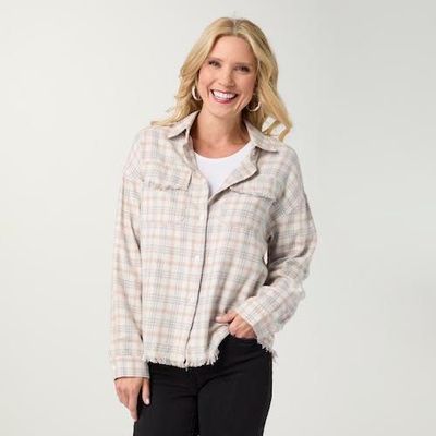 Coco+Carmen Shacket Lightweight Flannel W/Fringe Cream/Rust/Dusty Blue