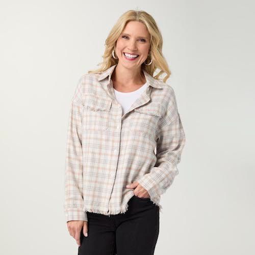 Coco+Carmen Shacket Lightweight Flannel W/Fringe Cream/Rust/Dusty Blue, Size: XS