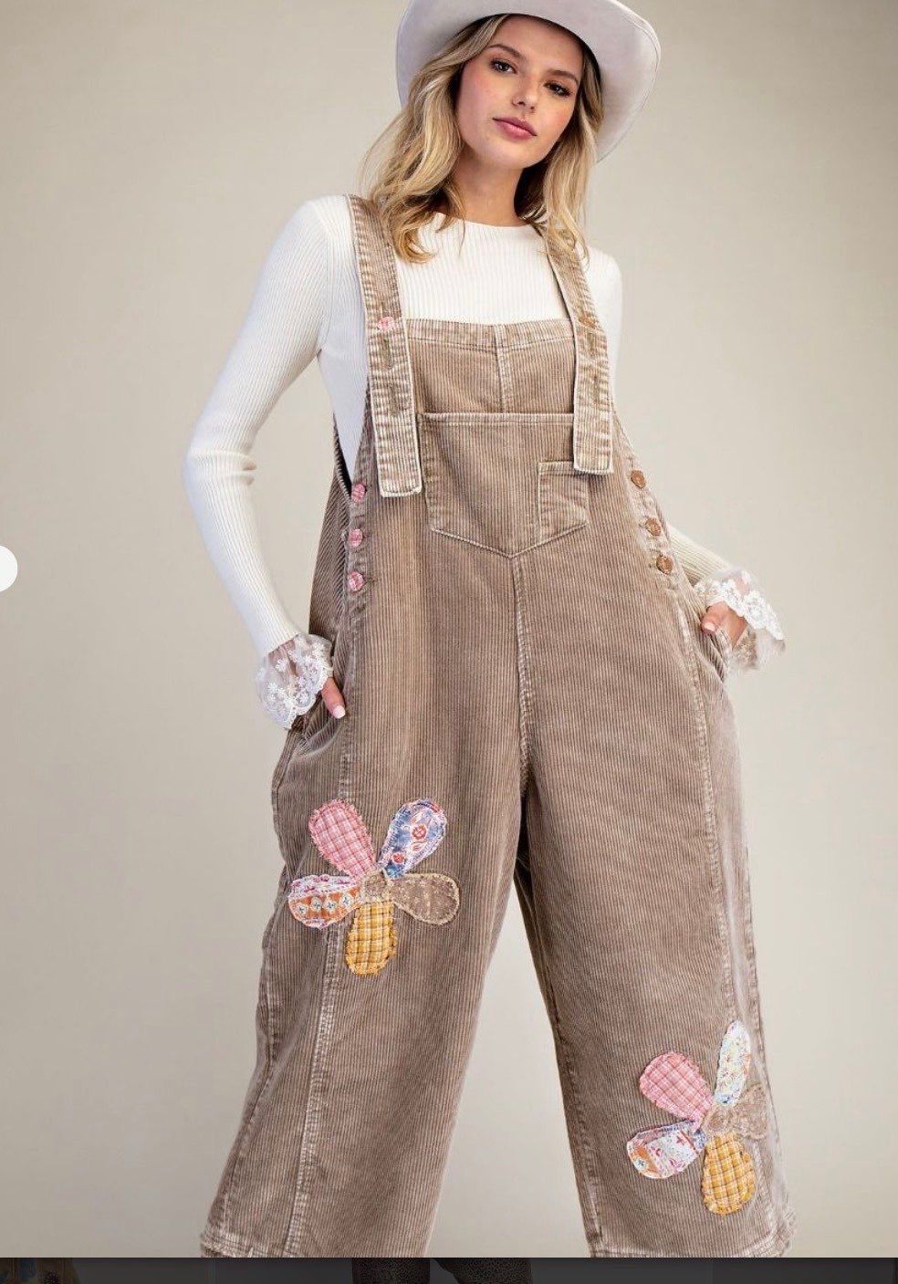 Easel Flower Patch Overalls Cords, Color: S, Size: Latte