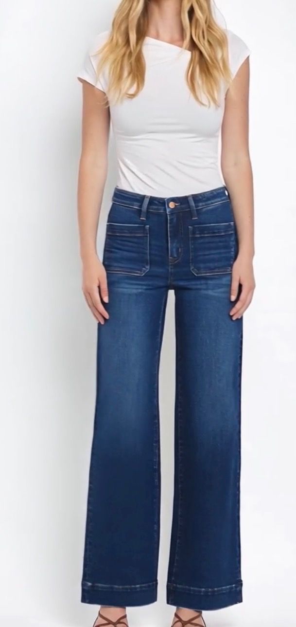 Flying Monkey Front Patch Pocket Wide Leg, Color: Dark Denim, Size: 24
