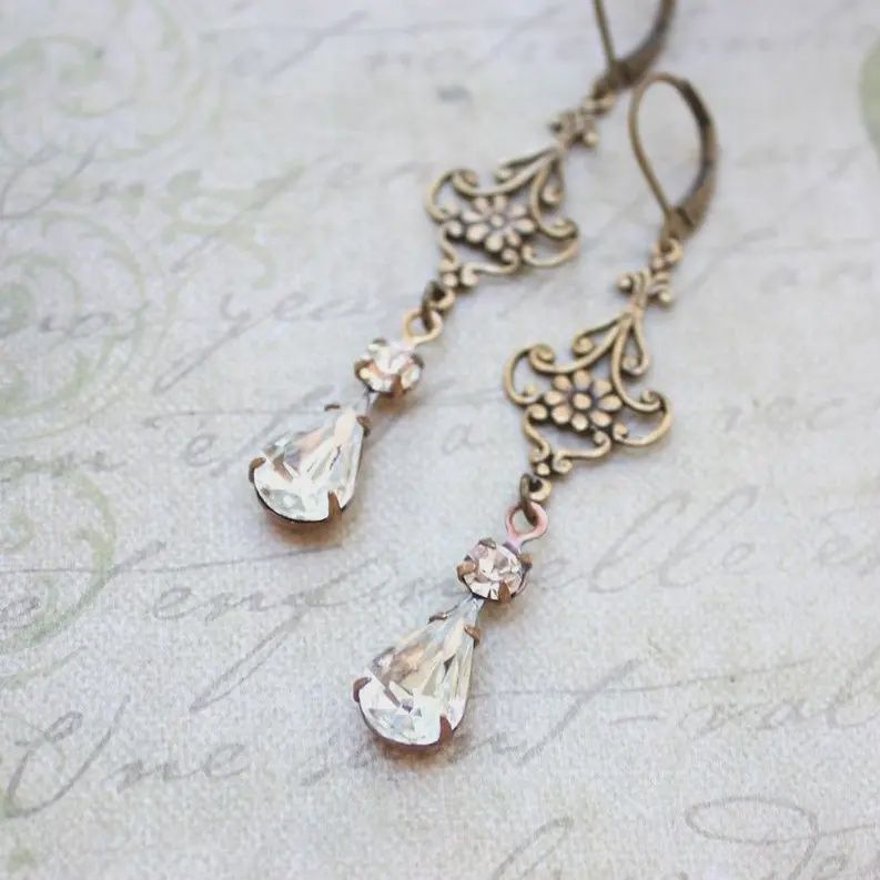 Long Filigree Crystal Glass Earrings