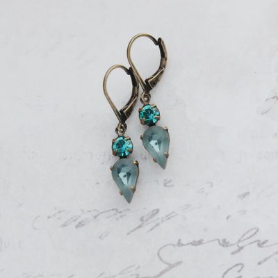 Tiny Vintage Glass Drop Earrings | Peacock Blue
