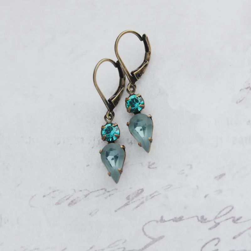 Tiny Vintage Glass Drop Earrings | Peacock Blue