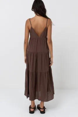 Rhythm Tiered Midi Dress - Chocolate