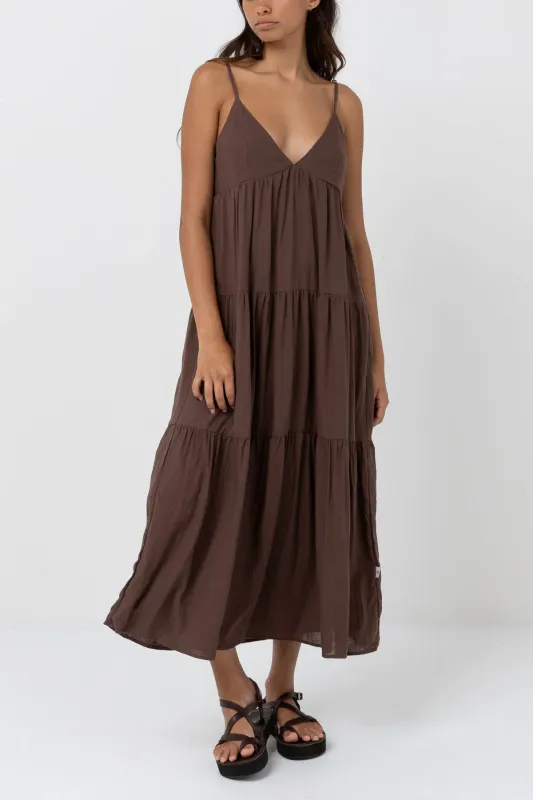 Rhythm Tiered Midi Dress - Chocolate