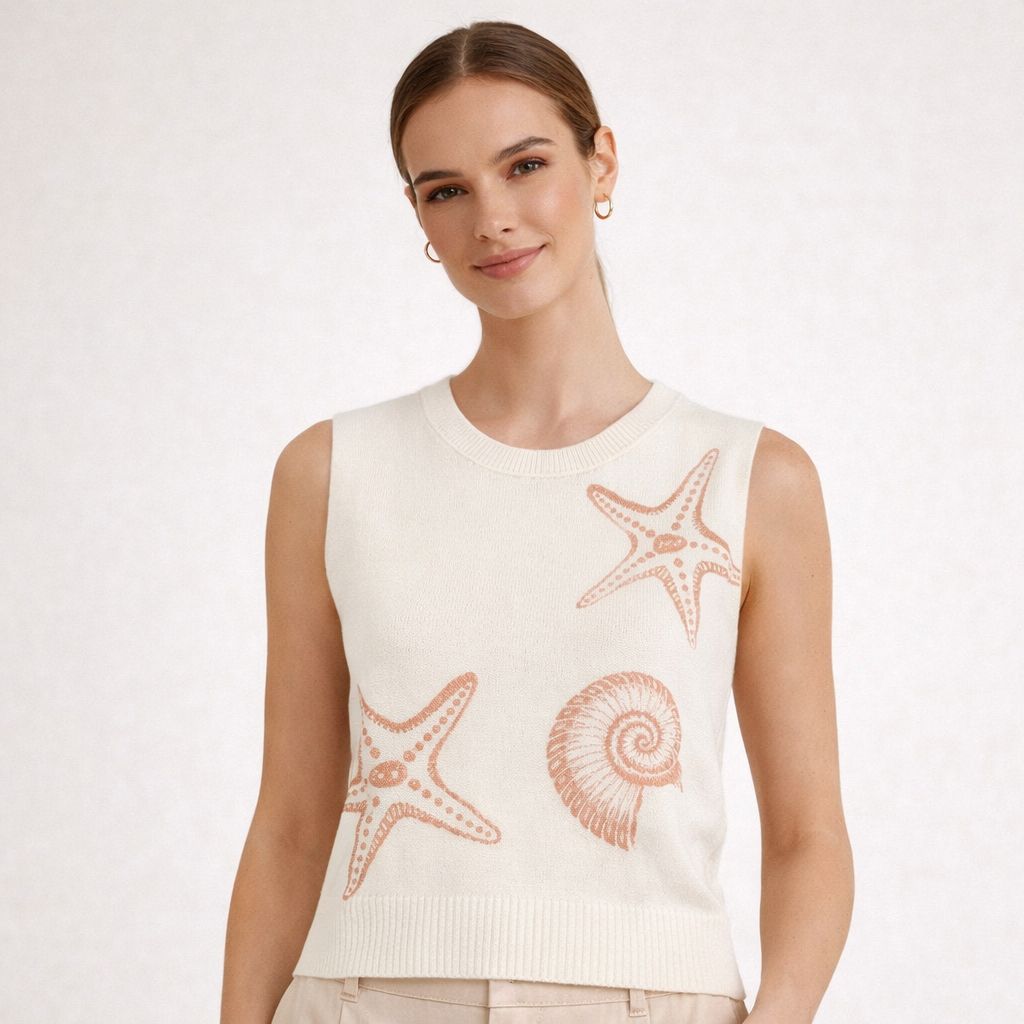Marc Cain “Blazing Sun” Starfish Intarsia Sleeveless Knit Top, Color: White, Size: 14