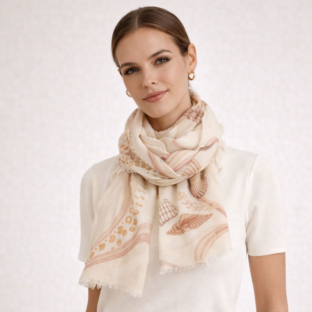 Marc Cain “Blazing Sun” Seashell Border Print Scarf, Color: Ivory, Size: 14