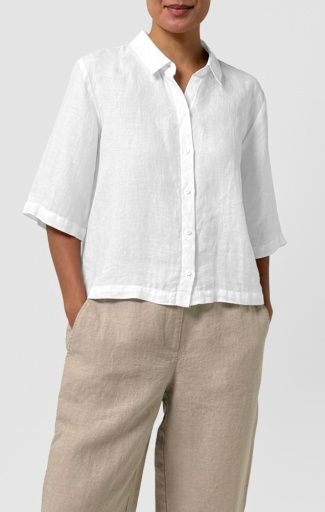 Eileen Fisher Classic Collar Elbow SLV Shirt Sky, Color: White, Size: XXS