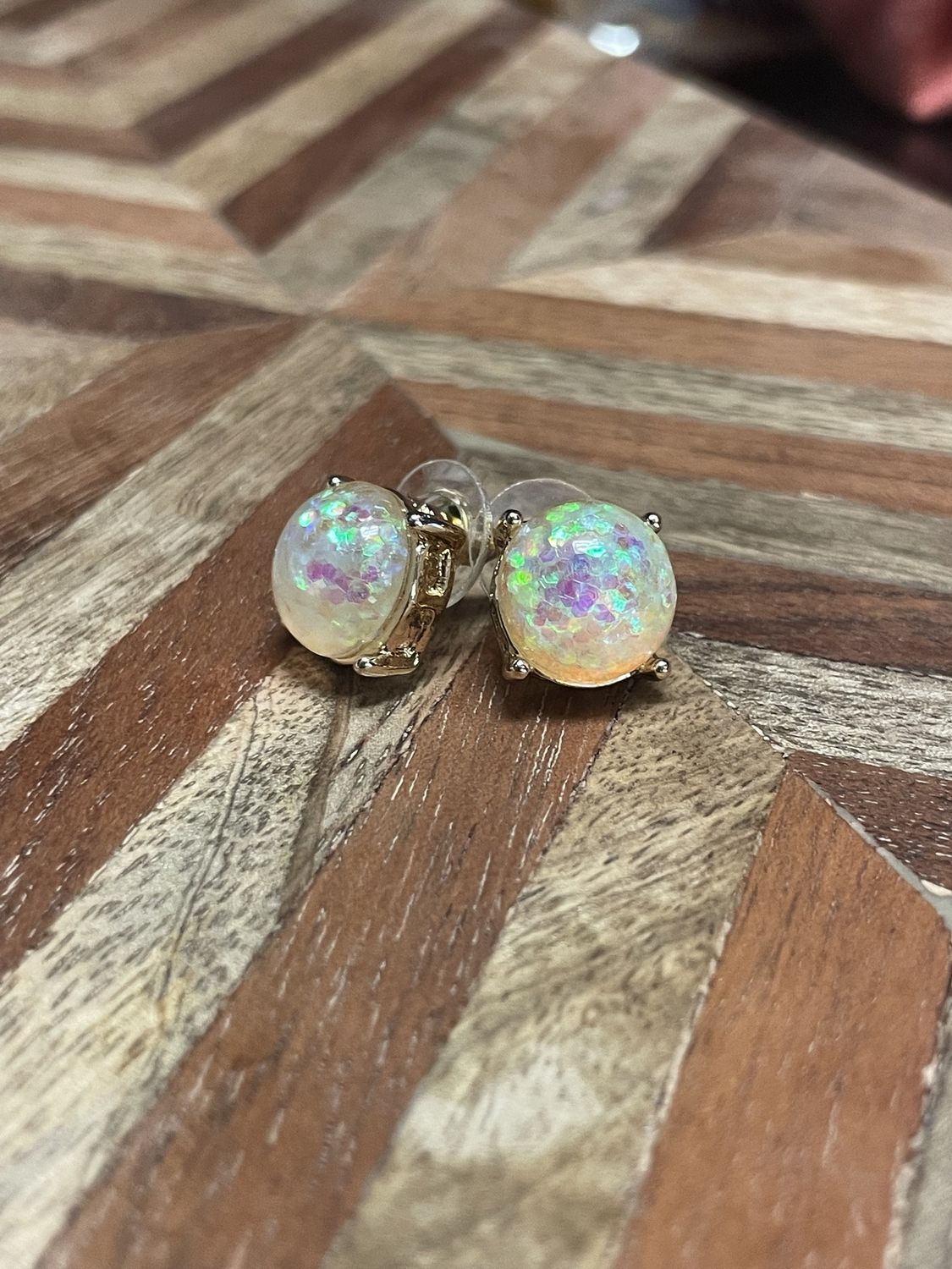 Round Glitter Earrings (WhiteAB/Gold)
