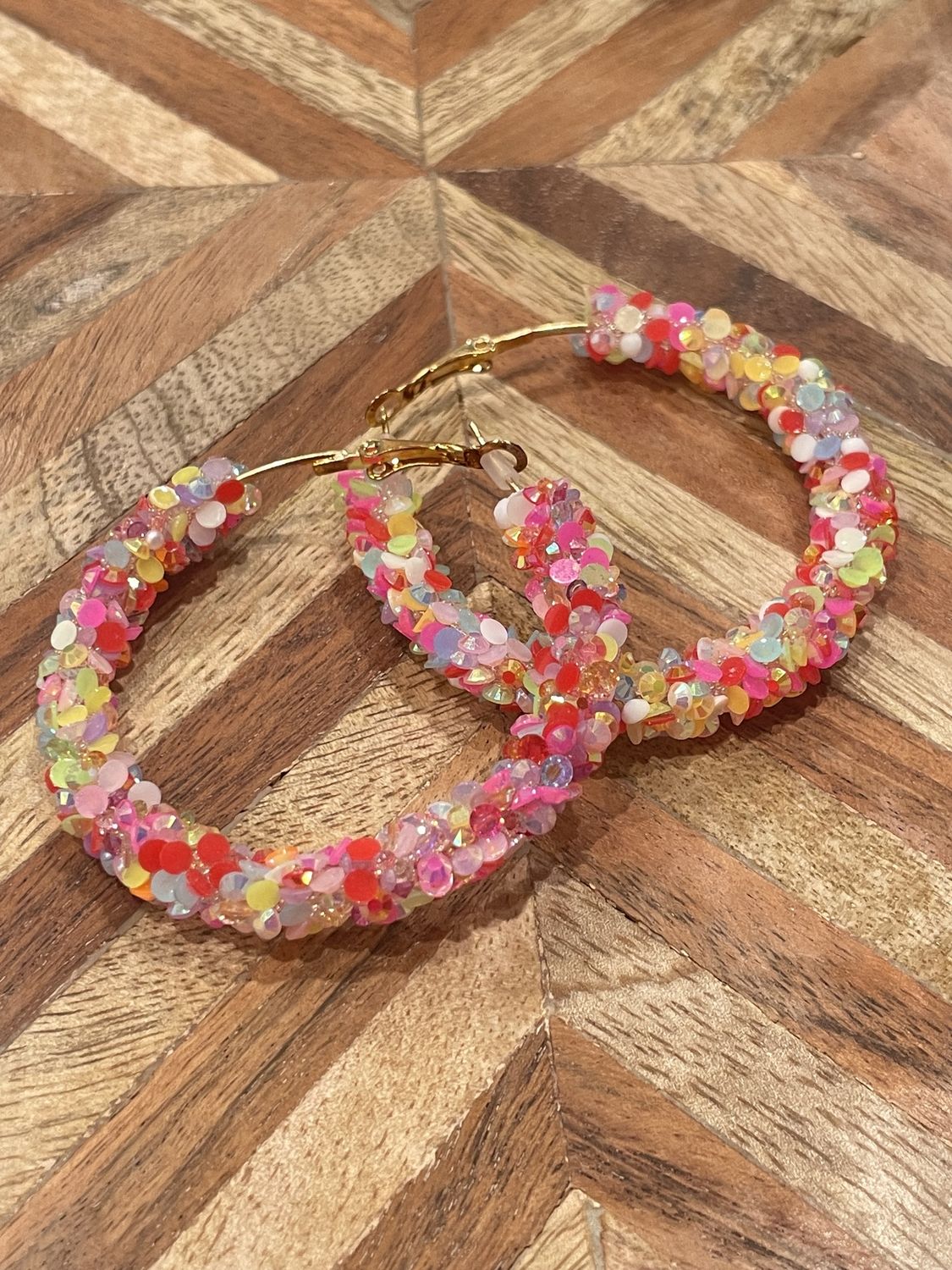 Pink/Multicolor 40mm Glass Bead Glitter Hoop Earrings