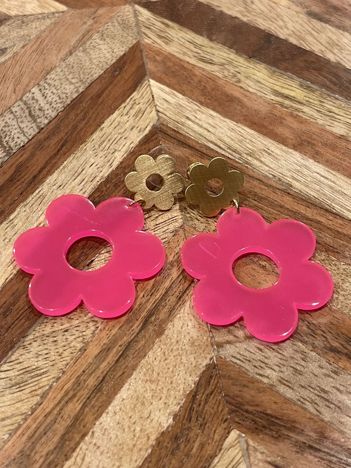 Hot Pink Double Flower Plastic Dangle Earrings