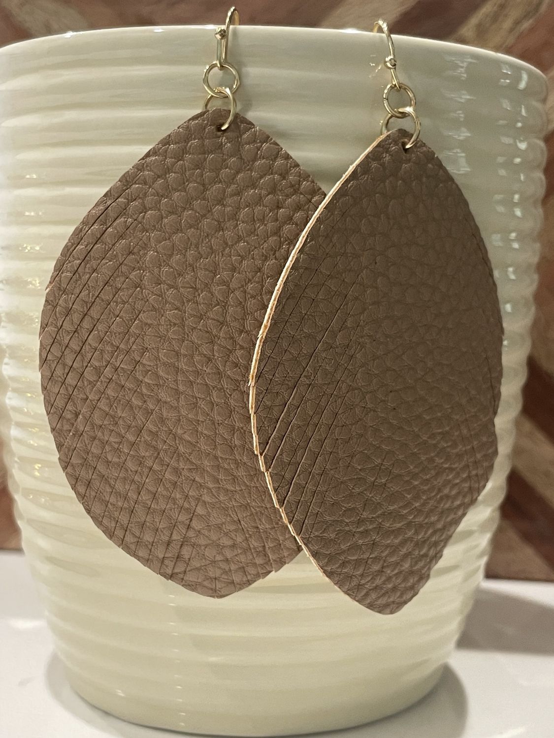 Tan/Gold Leather Feather Dangle Earrings