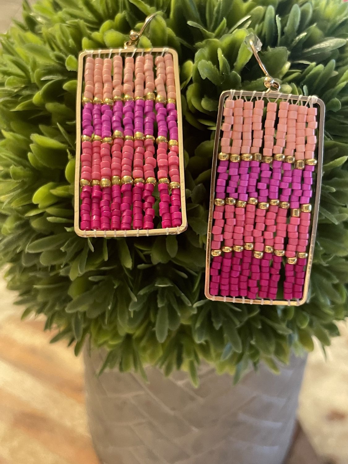 Fuchsia Beaded Rectangle Drop Earrings