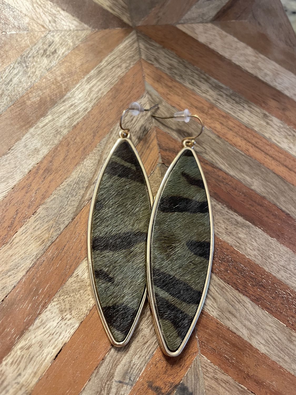 Dark Green Tiger Marquise Leather Dangle Earrings
