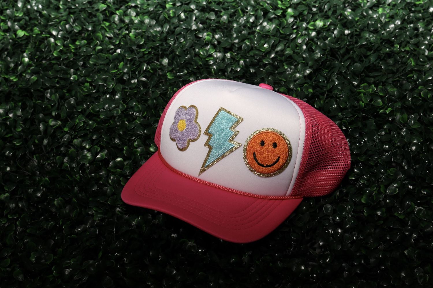Fun Pink &amp; White (Flower/Bolt/Smile) Patch Trucker Hat