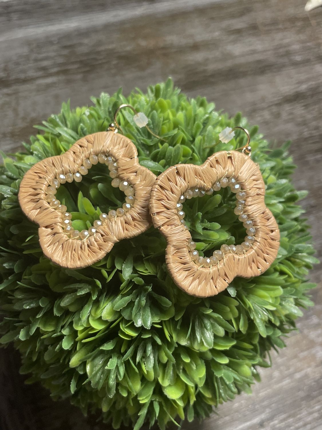 Brown Glass And Wrapped Raffia Clover Earrings
