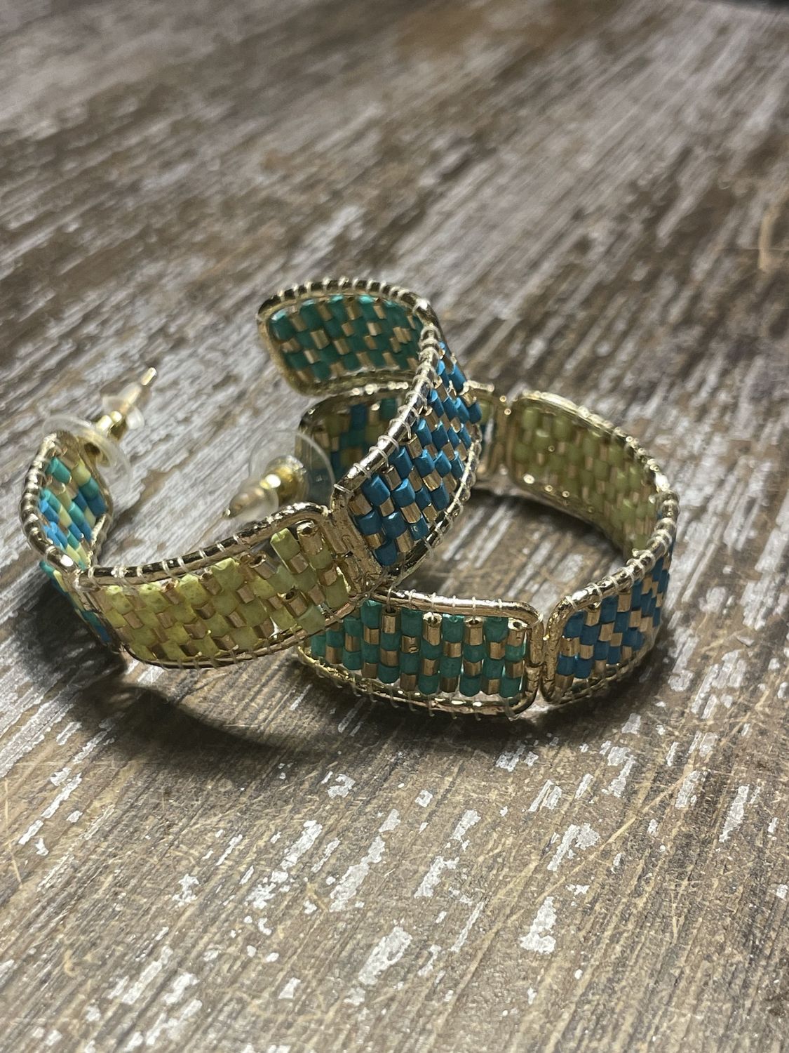 Check Pattern Beaded Hoop Earrings (Mint and Blue)