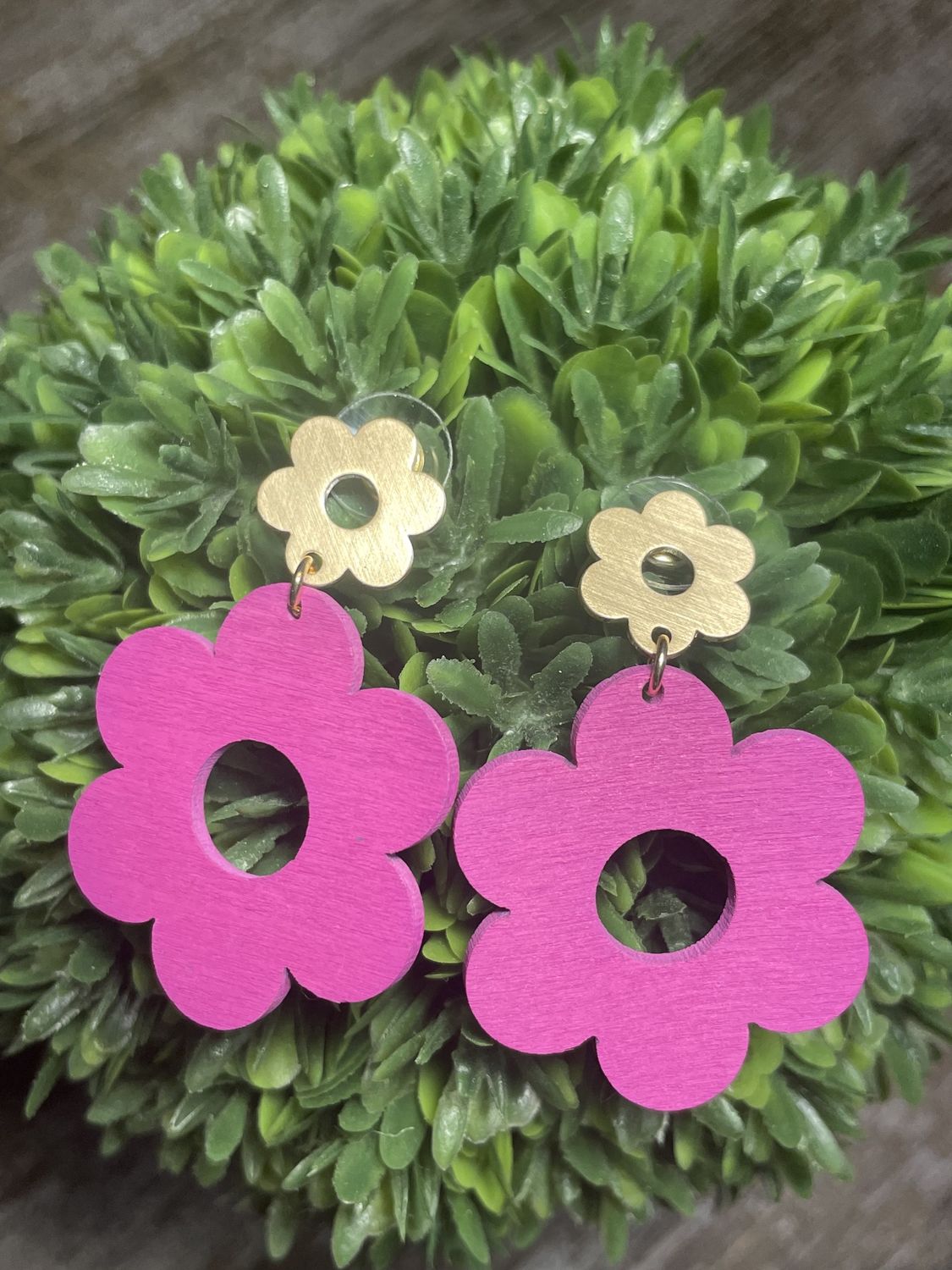 Double Flower Wood Dangle Earrings