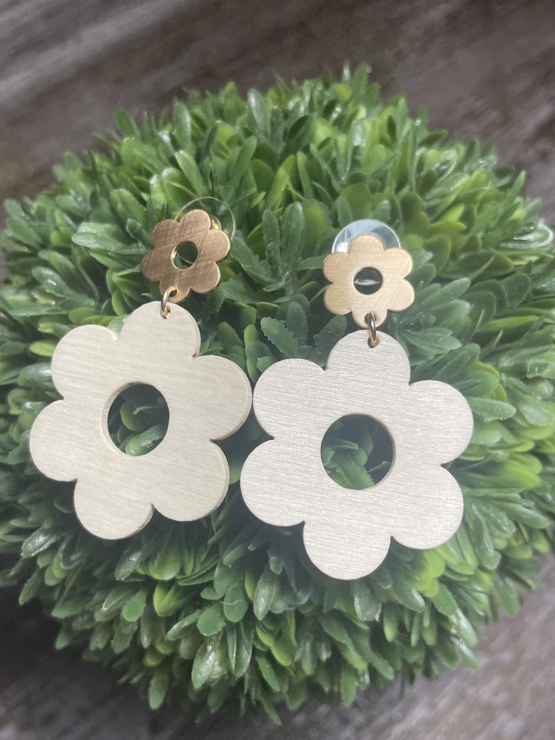 Double Flower Wood Dangle Earrings