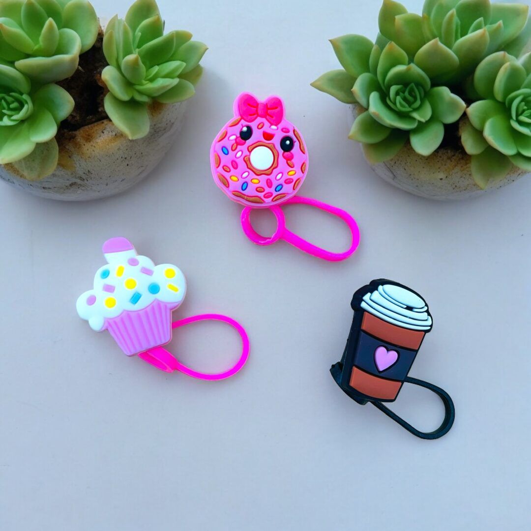Set of 3 Cupcake, Donut, Coffee Cup Straw Toppers