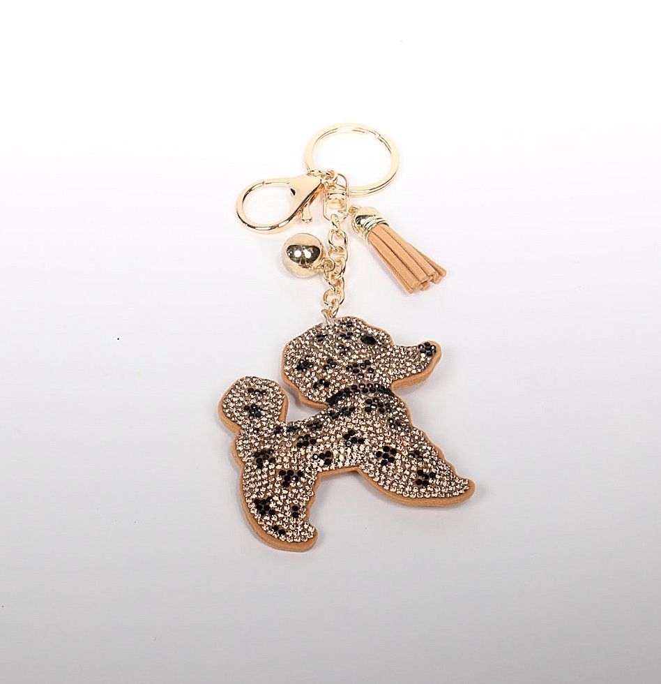 Rhinestoned Light Brown Polkadot Dog Keychain