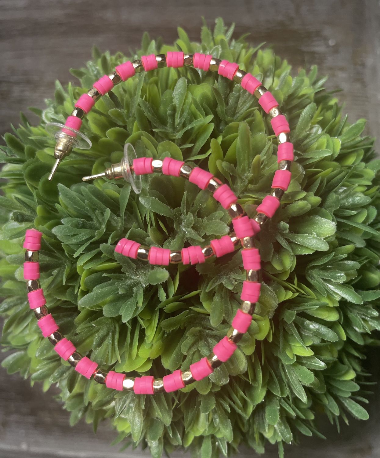 Neon Pink and Rubber Bead And Gold Metal Charm Hoops