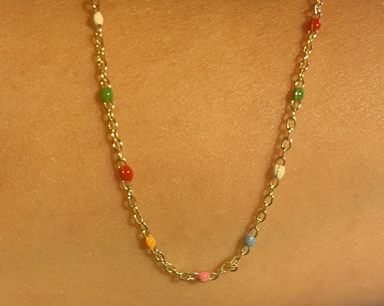 Colorful Beaded And Gold Chain Necklace