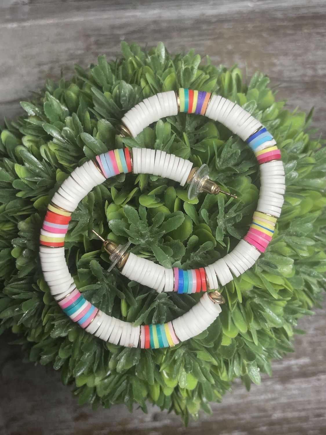 White With Colorful Accents Beaded Hoop Earrings