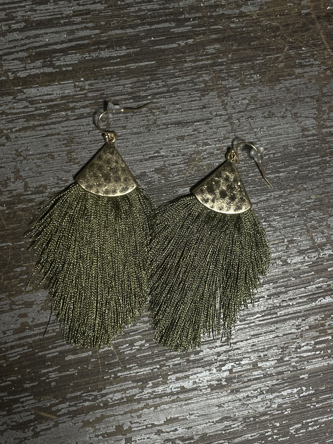 Triangle Tassel Earrings (Olive Green/Gold)