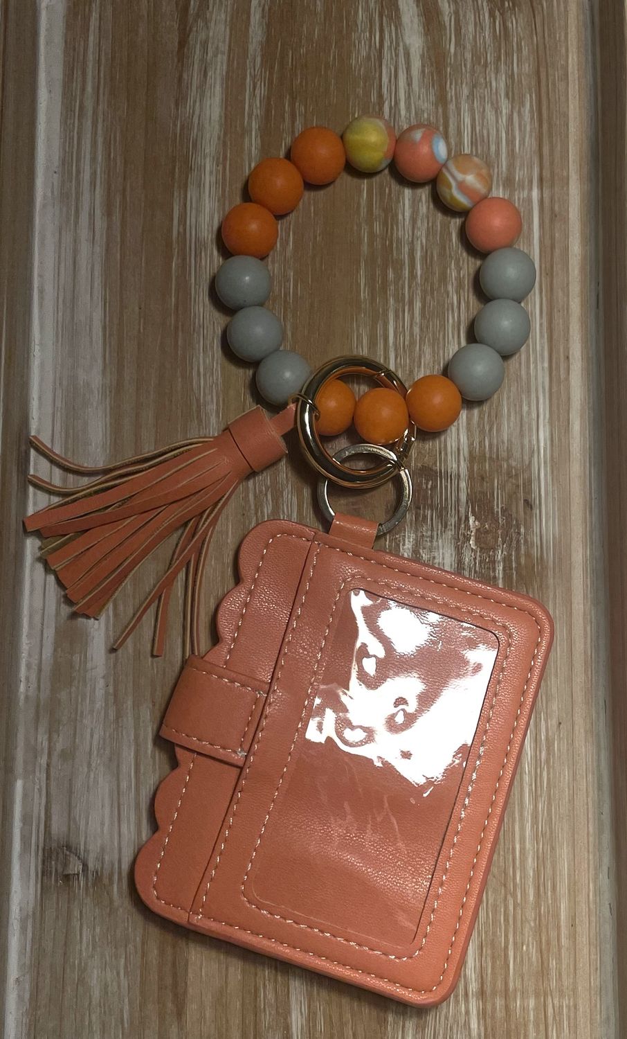 Grey and Orange Beaded Keychain And Orange Wallet