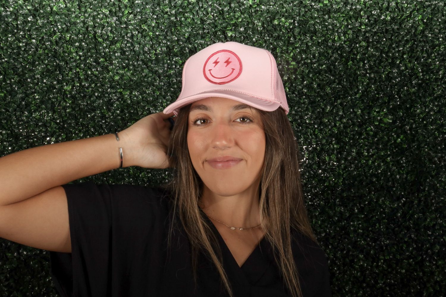 Light Pink Smiley Bolt Patch Trucker Hat