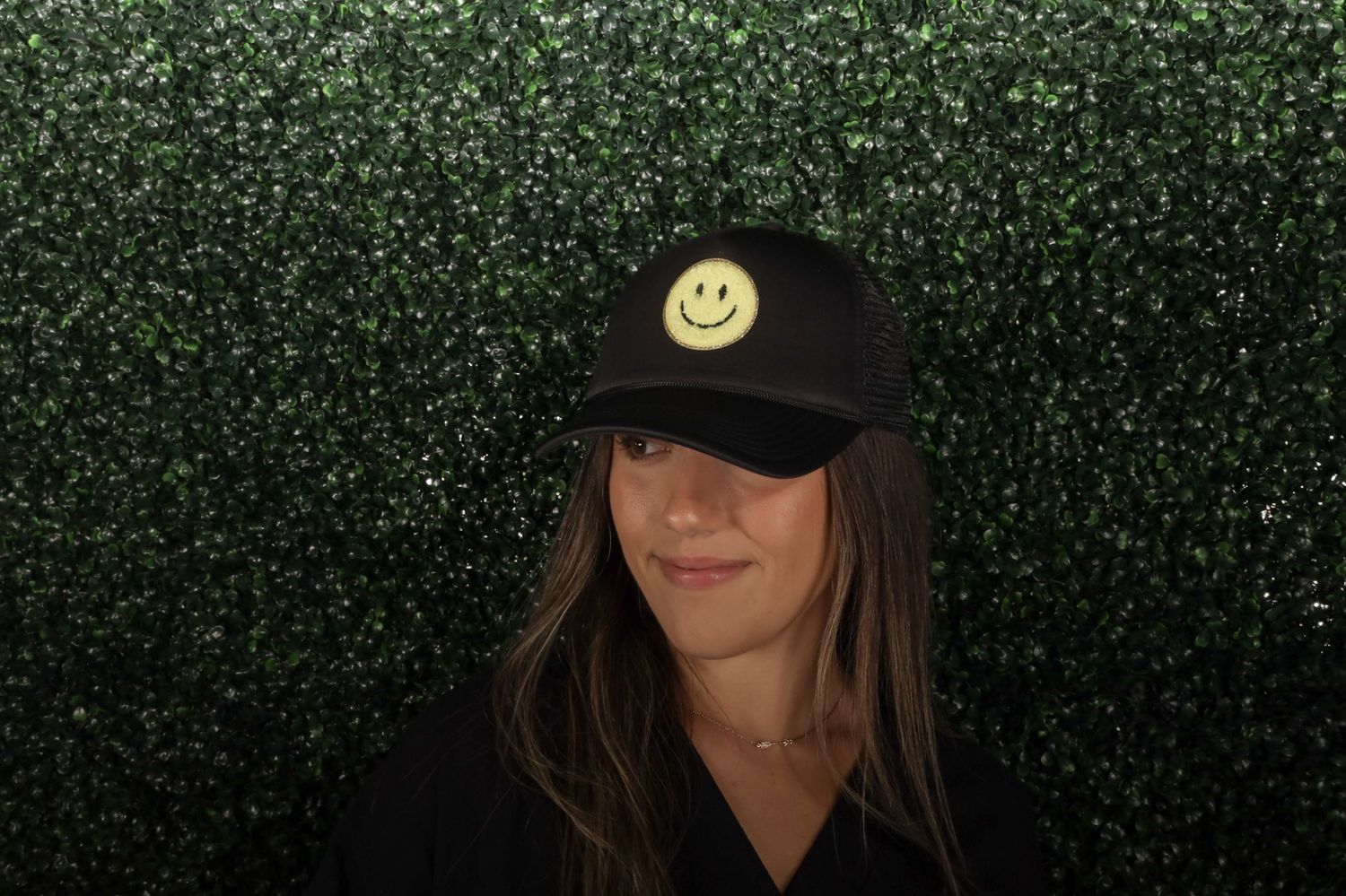 Black/Yellow Smiley Patch Trucker Hat