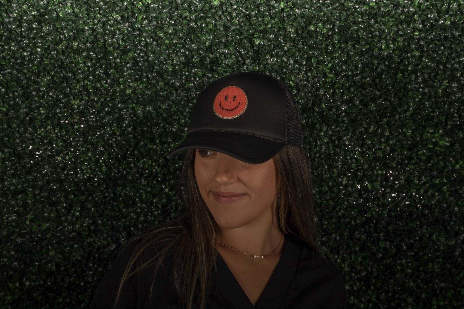 Black/Red Glitter Smiley Patch Trucker Hat