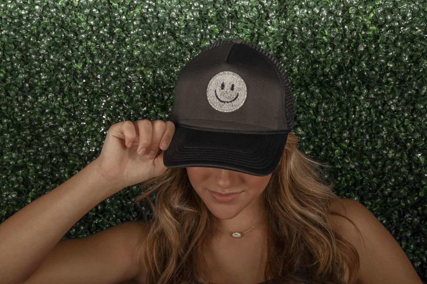 Black/Grey Smiley Patch Trucker Hat