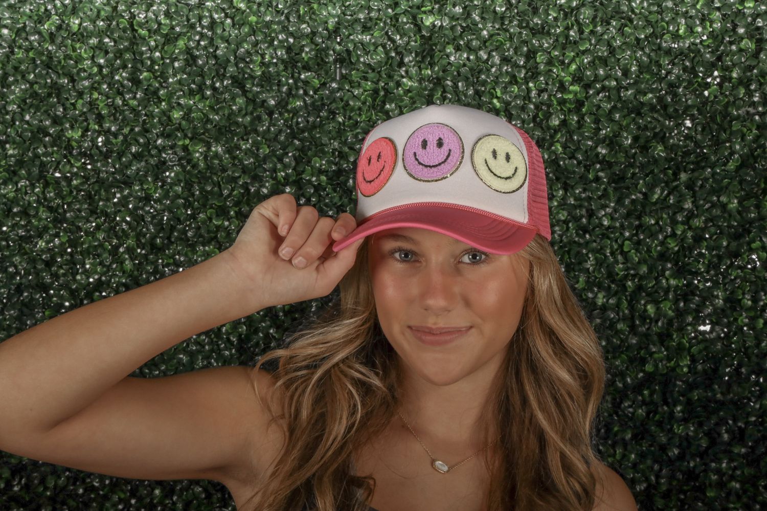 Pink + White Three Patch Trucker Hat (Pink/Purple/Yellow)